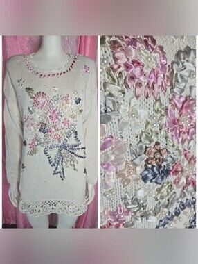 New Concepts Vintage Cottagecore Ivory Knit Pearls Ribbon Sweater Size Medium